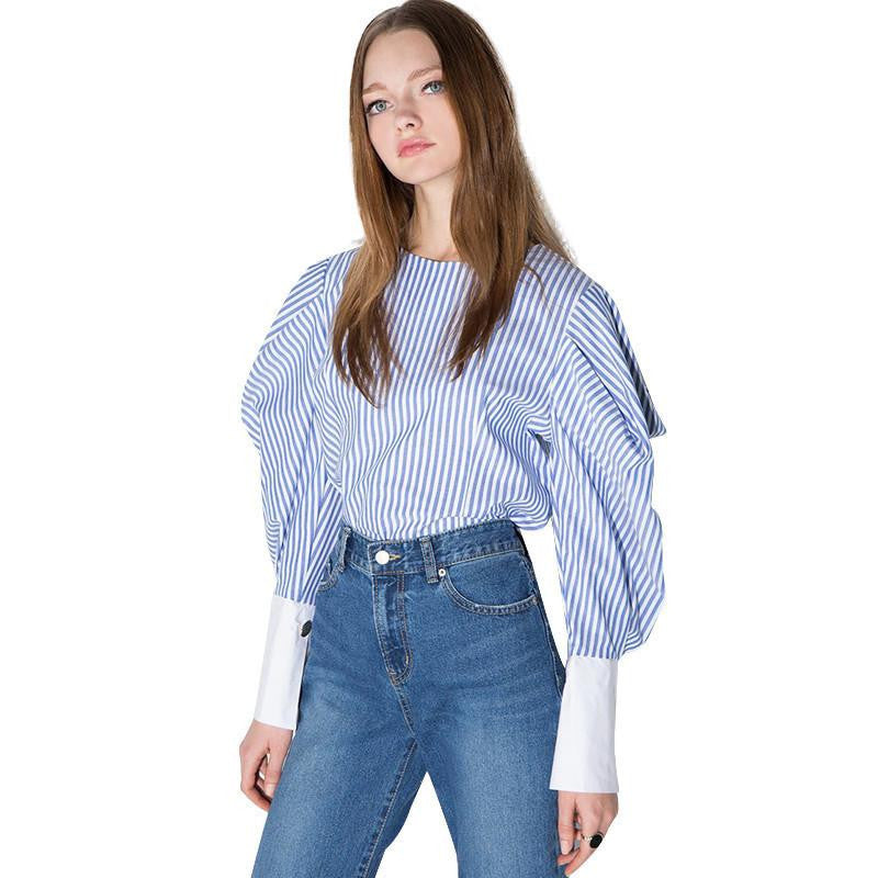 Womens Navy style Striped Lantern sleeve Top Shirts Zipper Fashion Loose Blouses