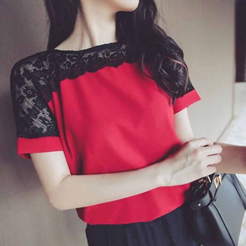 Women Blouses Lace Chiffon Blouse Tops Short Sleeve Fashion Woman Shirts Plus Size 5XL/6XL Red