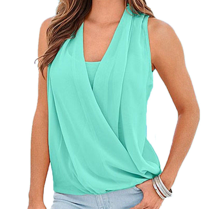 Online discount shop Australia - Blouses Women White Sleeveless Chiffon Blouse Sexy Deep V Neck Chiffon Knit Vest Casual Women's Shirt