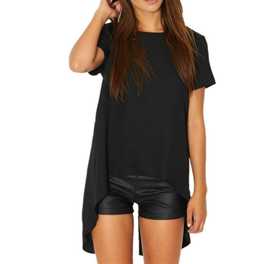 Women Blouses Chiffon Split Backless Short Sleeve Casual Blouse Loose Irregular Hem Tops Plus Size