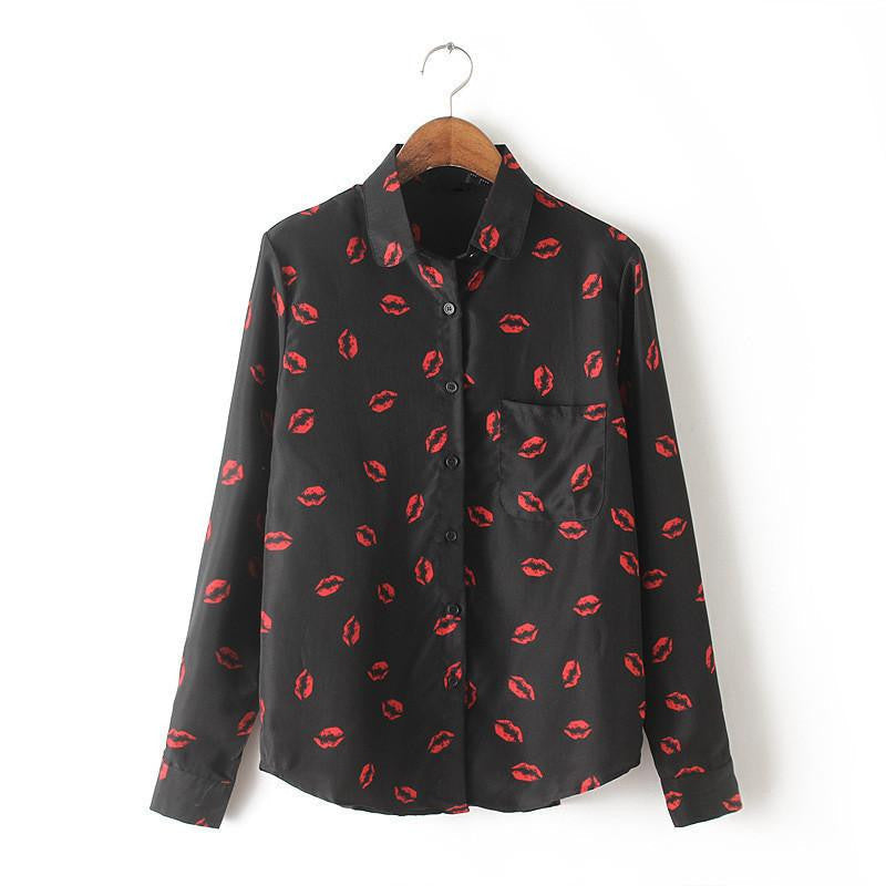 Women Red Lips Printed Blouse Long Sleeve Fashion Casual Shirts Women Tops