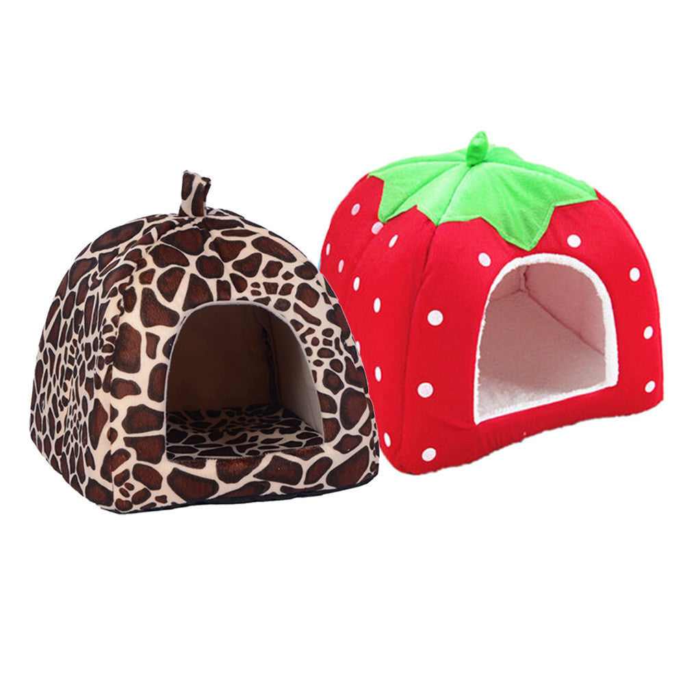 Pet Cat House Foldable Soft Winter Leopard Dog Bed Strawberry Cave Dog House Cute Kennel Nest Dog Fleece Cat Bed-Dollar Bargains Online Shopping Australia