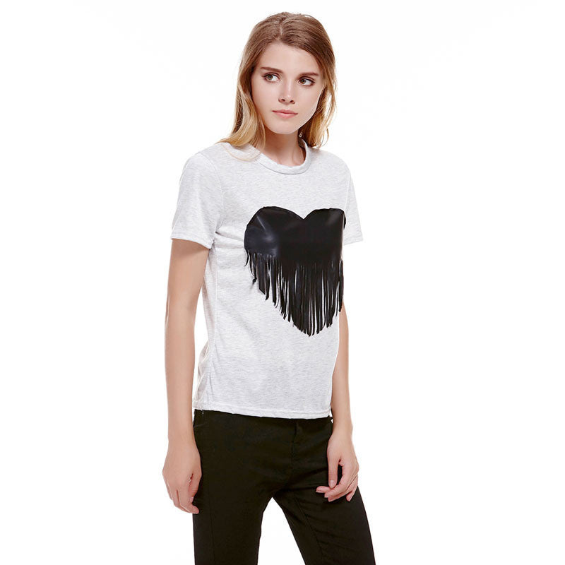 Short Sleeve T-shirt Women Grey Cotton Top Tees Fashion Heart Tassel Shirt Sleeve Casual O-Neck Crop Top Tee Shirt