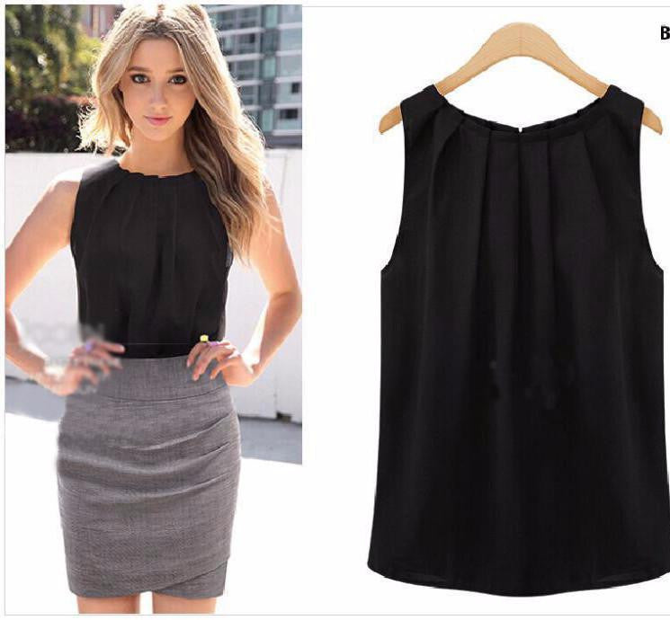 Solid Simple Design Women Blouses Sleeveless Casual Chiffon Blouse Cute Tops Shirt Women