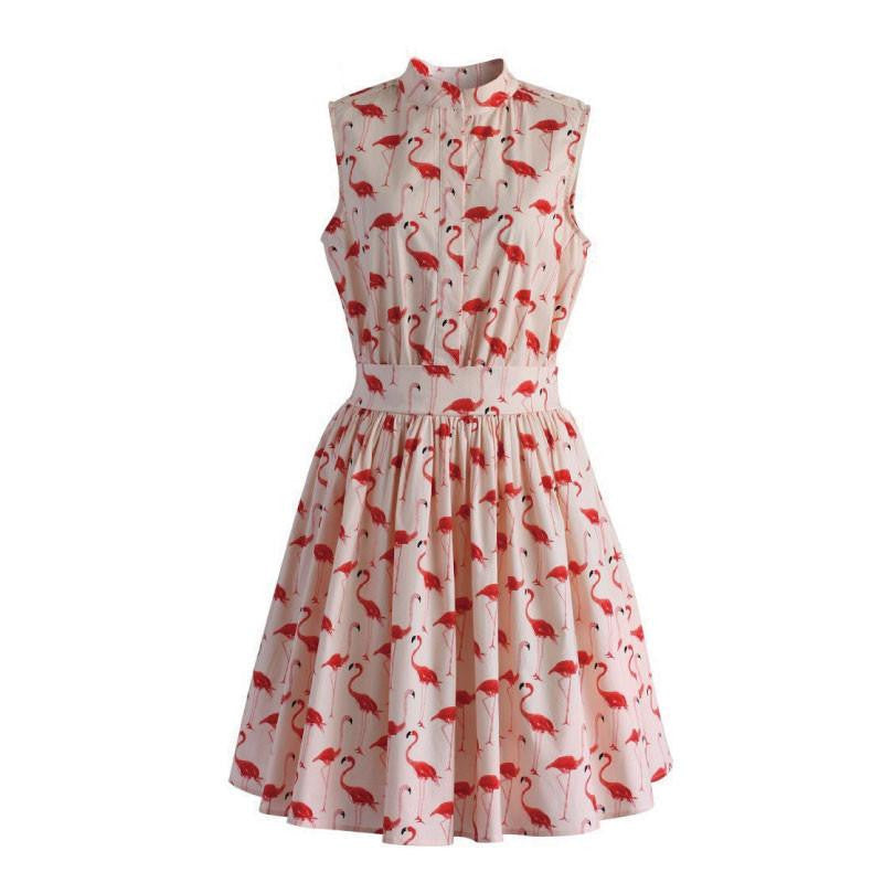 Vestods Summer Style Women Dress Flamingo Fun Flare Prints Casual High Waist Cute A Line Mini Dress