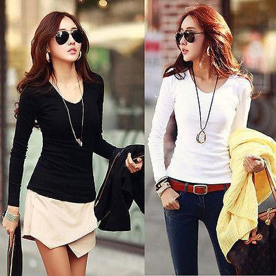 Women Basic Plain Round Crew Neck Tee Shirts Stretch Long Sleeve Top