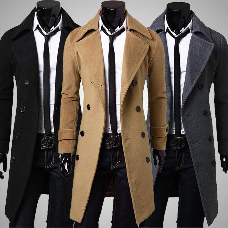 slim fit mens overcoat double breasted long trench coat men size m-3xl