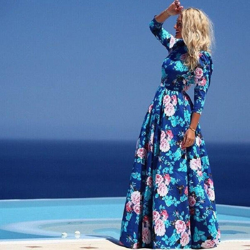 Summer Fashion Print Floral Long Dress 3/4 Sleeve Blue Plus Size Chiffon Bohemian Floor Length Dresses Vestidos de festa