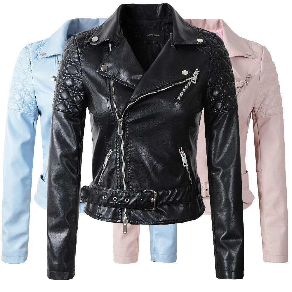 Fashion Women Faux Leather Jacket Ladies Motorcycle PU Blue Pink Black Long Sleeve Coat with Belt-Dollar Bargains Online Shopping Australia