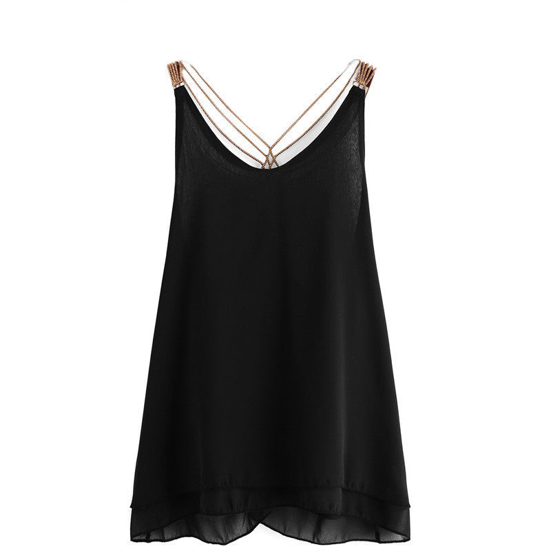 Online discount shop Australia - Fashion High Street Clothing Brand Female New Korean Style Tops Chain Strap Chiffon Double Layer Sexy Camisole