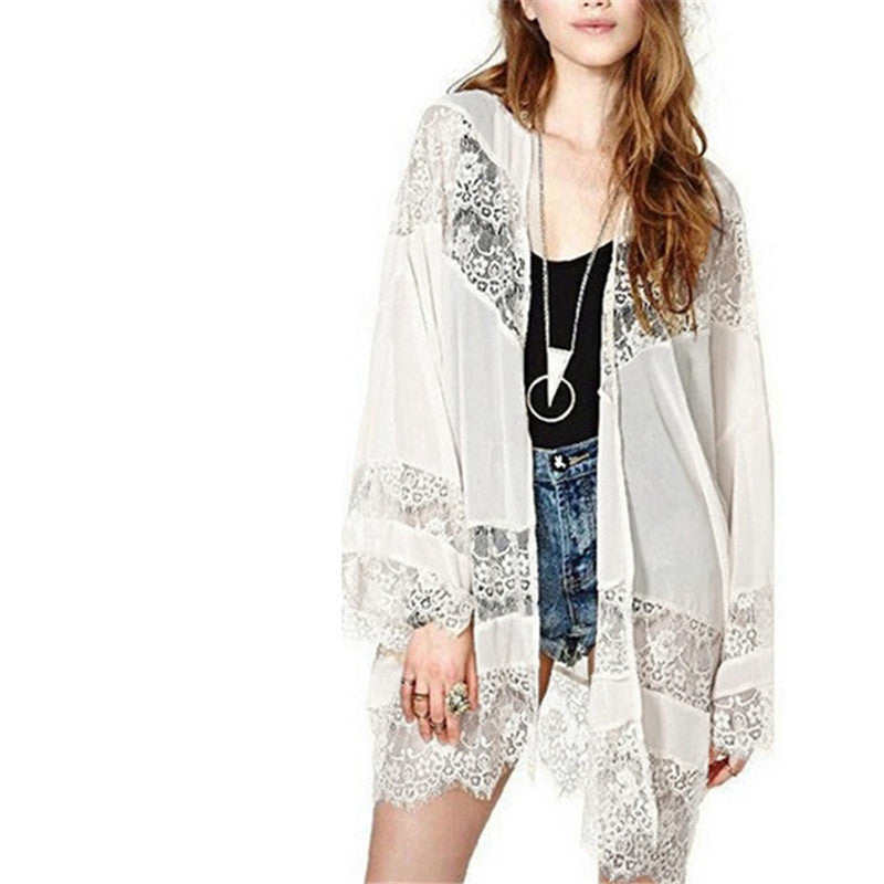 Online discount shop Australia - Cover-up Women Cardigan Lace Crochet Chiffon Loose Outwear Vintage Blouse Tops Plus Size