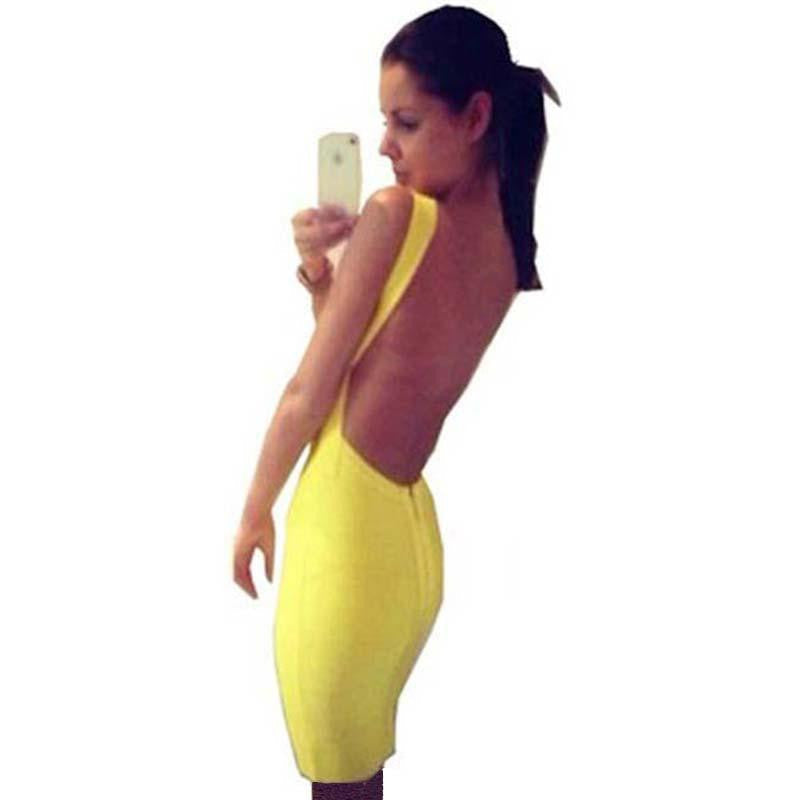 Spaghetti strap celebrity HL bandage dress open back sexy night club party yellow short mini backless dress vestido HL1113