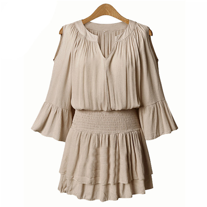 5XL Plus Size Women Dresses Summer Style Off Shoulder Lantern Sleeve Elast Slim Waist Pleated Short Mini Dress Black Nude-Dollar Bargains Online Shopping Australia