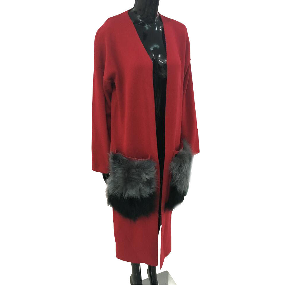 Long cardigan trench coat for women knitwear natural fur big pocket attachable autumn streetwear windbreaker-Dollar Bargains Online Shopping Australia