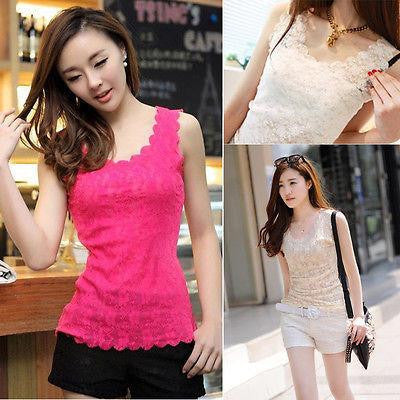 Women Candy Color Floral Lace Top Short Sleeve Blouse Crew Neck shirt