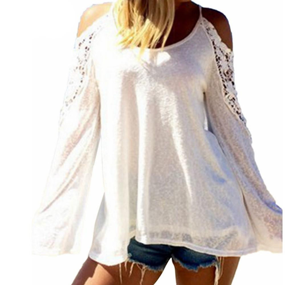 Women Blouses Off Shoulder Loose Lace Blouse Long Sleeve Beachwear Plus Size XS-6XL