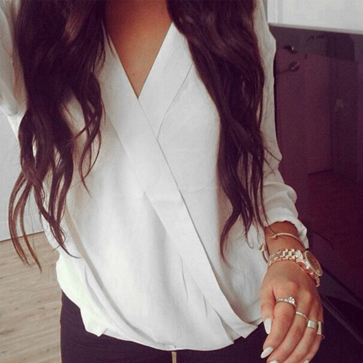 Women Blouses Casual Loose Tops Chiffon Blouse Long Sleeve Deep V Neck Solid Shirts Plus Size