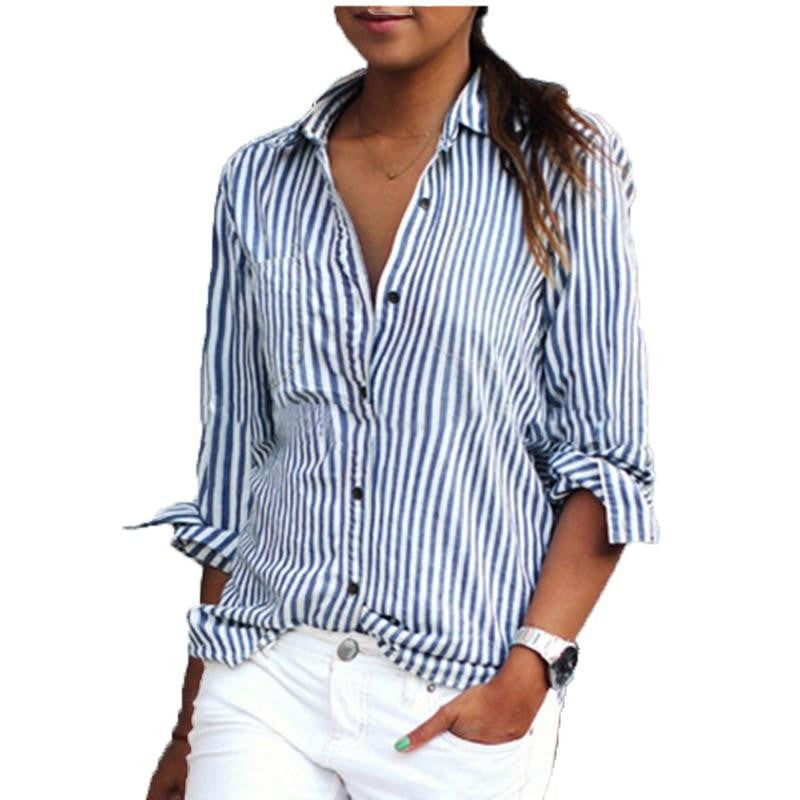 Women Blouses Fashion Long Sleeve Lapel Striped Shirt Loose Casual OL Work Tops Plus Size XS-5XL
