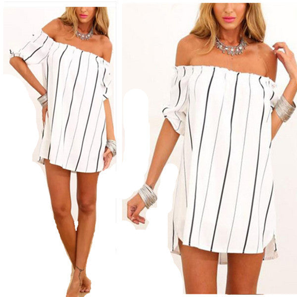 Online discount shop Australia - Fashion Sexy Women Lady Off Shoulder Striped Blouse Shirt Dress Casual Short Sleeve Loose Tops Plus Size