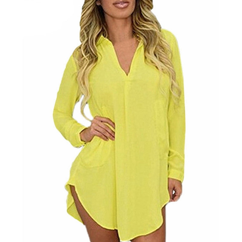 Women Casual Loose Long Chiffon Shirts Spring Long Sleeve Turn Down Collar Blouses Tops Plus Size Mini Dress Vestidos