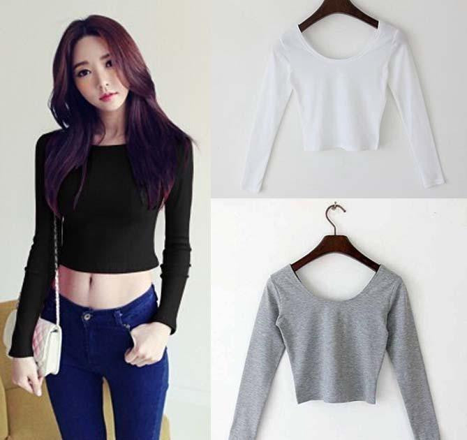 Online discount shop Australia - Fall fashion  Sexy Crop Top Ladies long Sleeve t shirt women tops Basic Stretch T-shirts Bare-midriff solid color