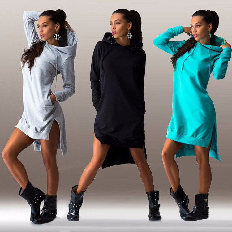 Winter Dress Cotton O-neck Long Sleeve Fashion Casual Style Irregular Solid Hooded Women's Dress hipping-Dollar Bargains Online Shopping Australia