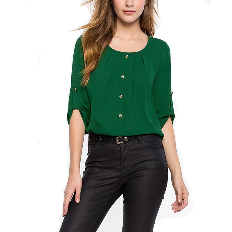 Style Casual Office women Shirts Ladies Round Neck Long Sleeve Chiffon Blouse