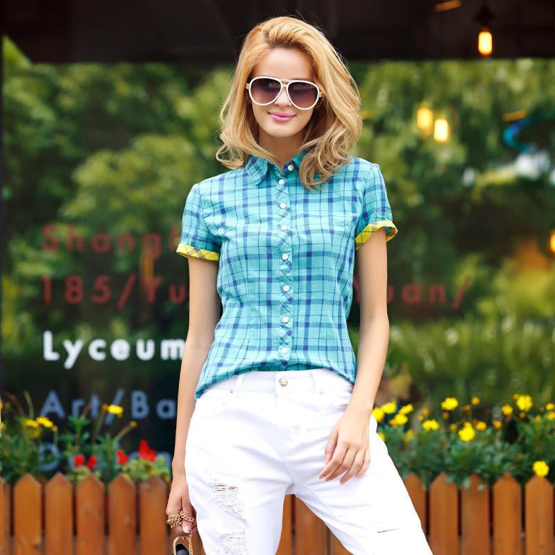 Veri Gude Plaid Shirts Women Short Sleeve Cotton Blouse for Contrast Color