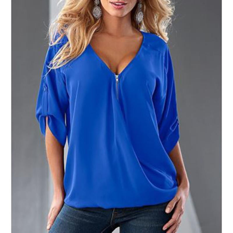 V-neck Chiffon Blouse Ladies Casual Women Shirt Plus Size LJ1292M
