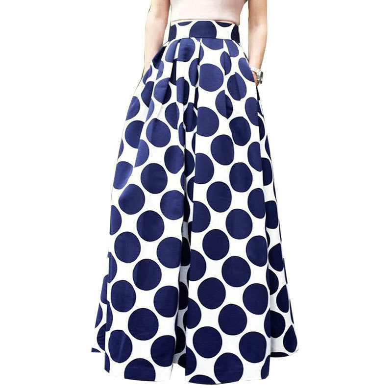 Online discount shop Australia - High Waist Polka Dots Print Pleated Maxi Skirt Fall Contrast Casual A Line Skater Women Clothing