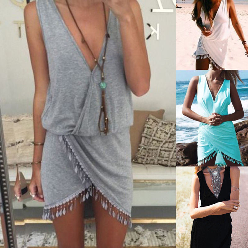 Plus Size Ladies Casual Sleeveless Short Mini Dress Summer Printed ttassel sexy halter dress Mini V-Neck Tassel Dresses
