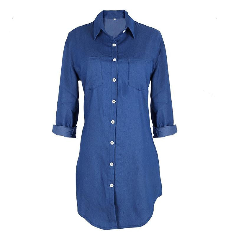 Summer Fashion polyester Women Long Sleeve Loose Denim Mini Dress Casual Long Top Women shirts