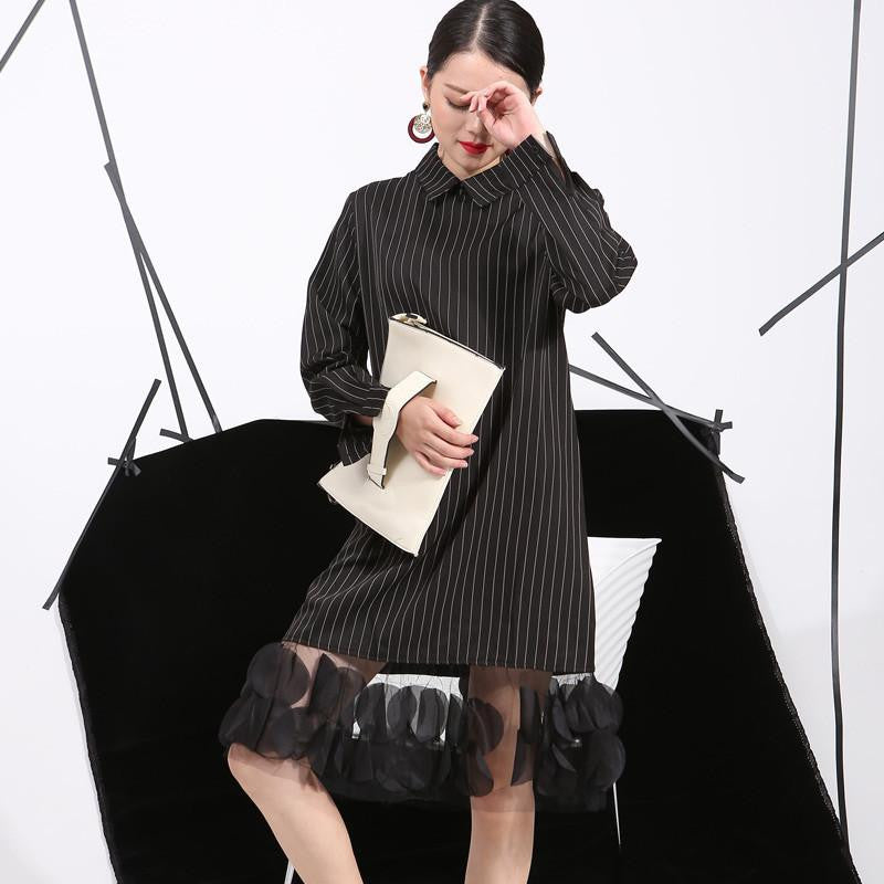 Spring Vertical Stripes Lapel Three-Dimensional Dress Stitching Yarn Women Apparel 4L0051