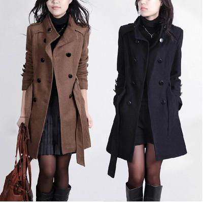 Women Trench Woolen Coat Slim Double Breasted Overcoat Coats Long Outerwear for Women QB323