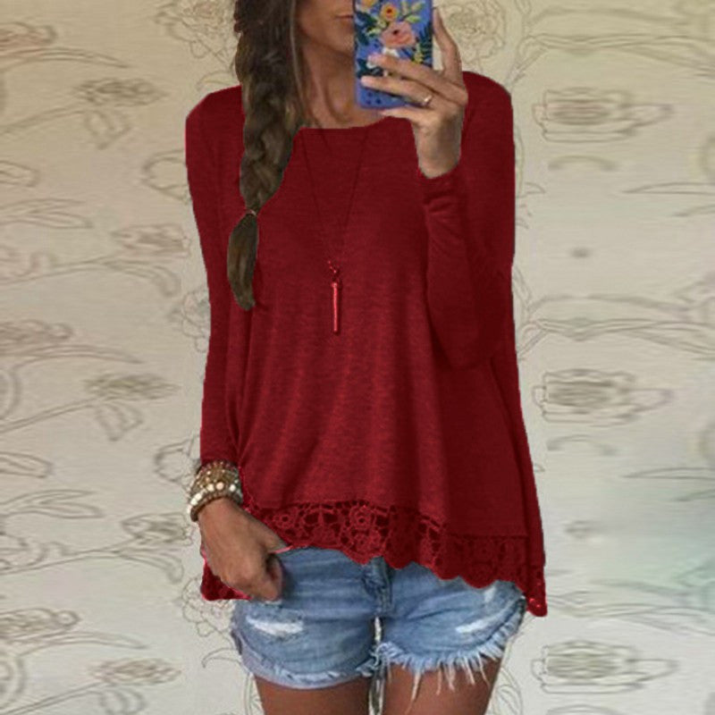 Online discount shop Australia - 5 Colors Fashion Brand T Shirt Women Long Sleeve Sexy Lace Crochet Embroidery Slim Novelty Women Tops Plus Size