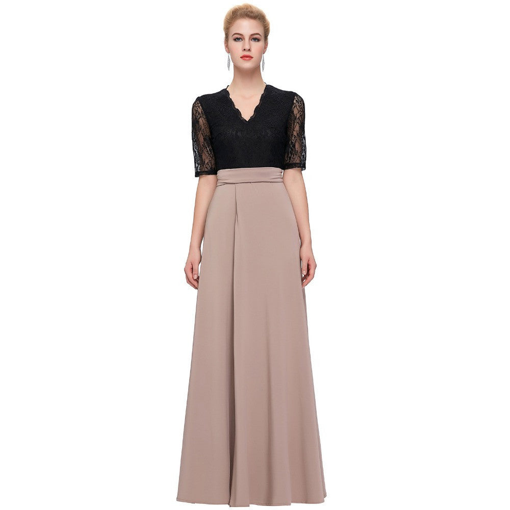 Online discount shop Australia - Floor Length Maxi Dress Sexy V-Neck Black Lace Women Long Dresses Half Sleeve Splicing High Split Party Dresses