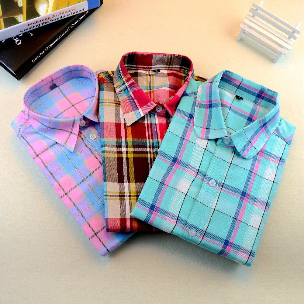 Online discount shop Australia - Brand New Fashion Women Blouses Long Sleeve Turn-down Collar Plaid Shirts Women Casual Cotton Shirt Style