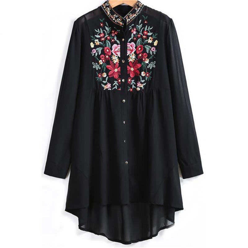 SheIn Women Tops Fashion Stand Collar Long Sleeve Floral Embroidered Dipped Hem Black Blouse