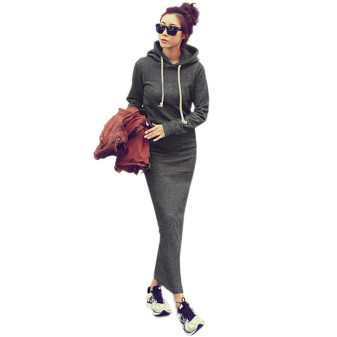 Women Black Gray Sweater Dress Warm Fur Fleece Hoodies Long Sleeve Slim Maxi Long Dresses Vestidos Femininas