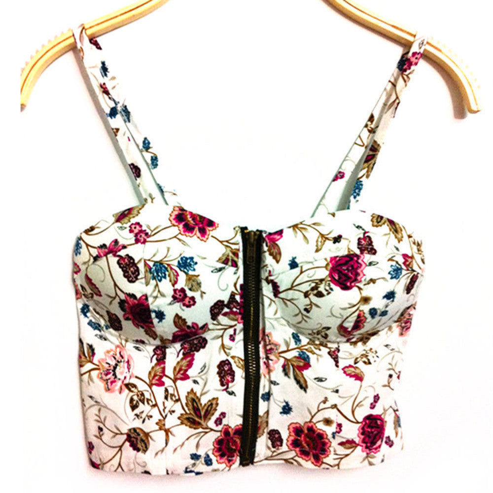 Summer Women Girls Sweet Floral Bustier Padded Zipper Crop Tank Tops Sexy Blouses-Dollar Bargains Online Shopping Australia
