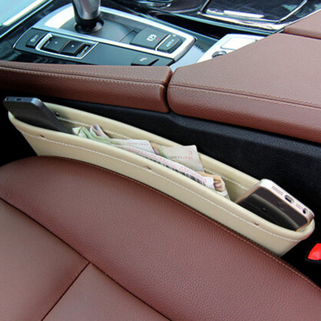 PU Leather Car Seat Gap Pocket Holder Organizer Caddy Catcher - Catch Store All Drop Items Between Car Seat and Console - Beige