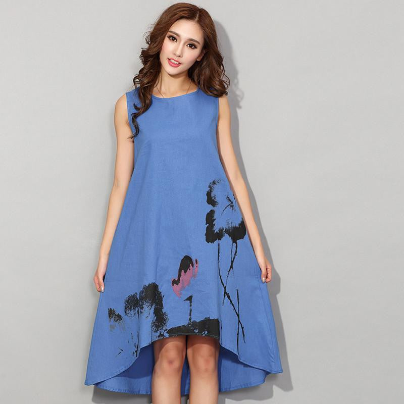 Style Flower Print Sleeveless Comfortable Cotton Linen Casual Dress Women Summer Dresses H192