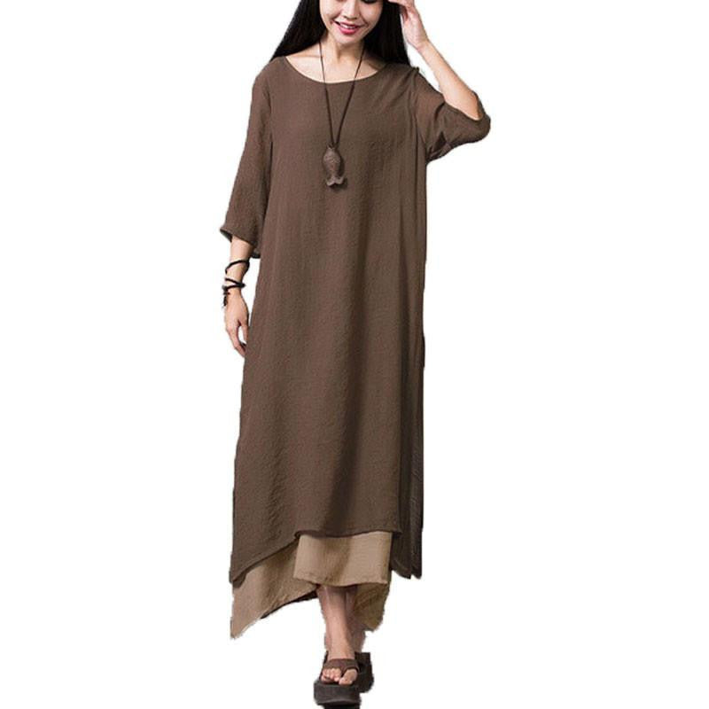 Women Casual Loose Vestidos O Neck Boho Cotton Linen Long Maxi Shirt Vintage Dresses Plus Size 4XL