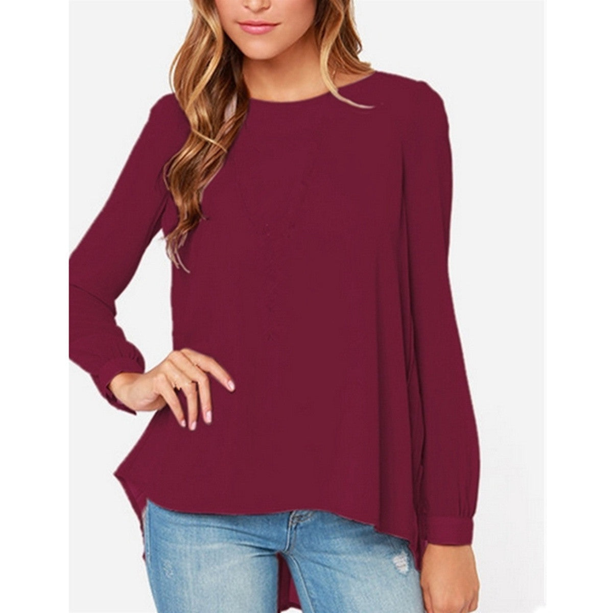 Online discount shop Australia - Fashion Women Chiffon Blouses Casual Shirt Long Sleeve Pleated Back Blouse Plus Size XS-5XL
