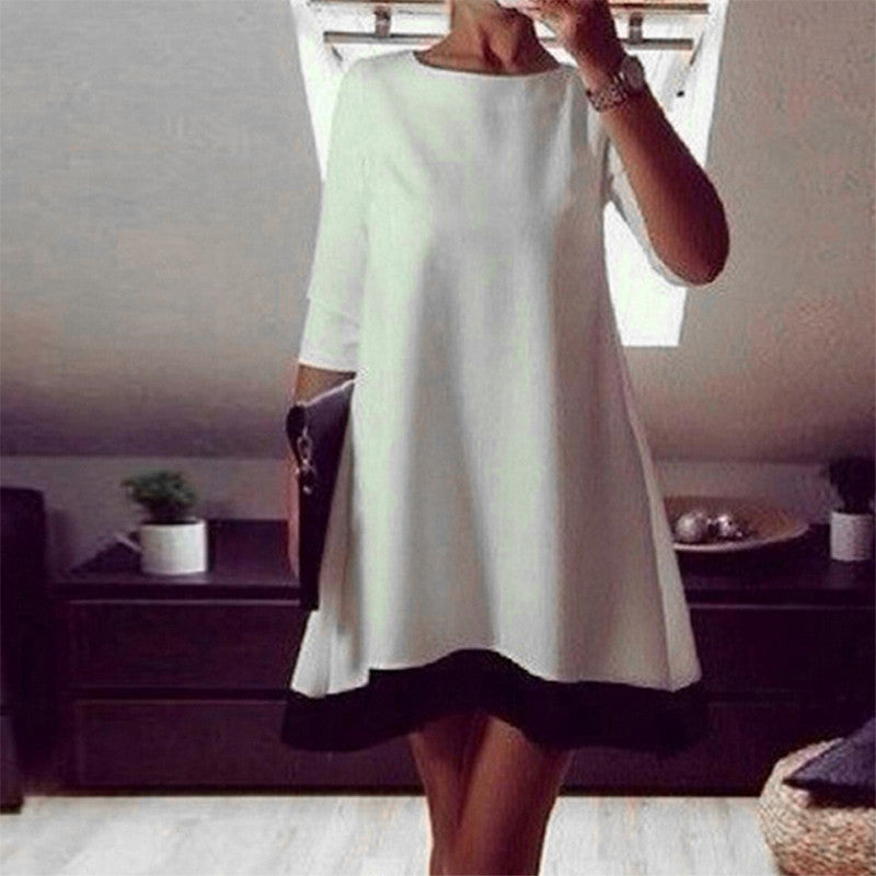 Women Dress Three Quarter Sleeve Patchwork Mini Dress Casual O Neck Back Hollow Out Button A Line Autumn Vestidos
