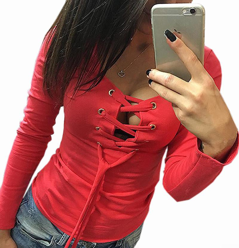 Bandage Lace Up Long-Sleeve Shirt Women Deep V T Shirts Female Tops 5 Colors LX068