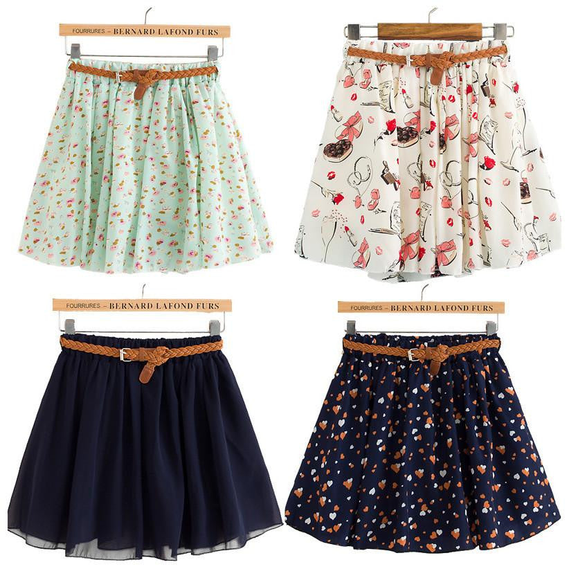 Skirts Womens Floral Polka Dot Chiffon Skirt Pleated Short Mini Skirt