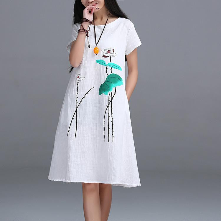 Womens Short sleeve Long Dress High Ink Printing cotton linen Vintage Dress E610