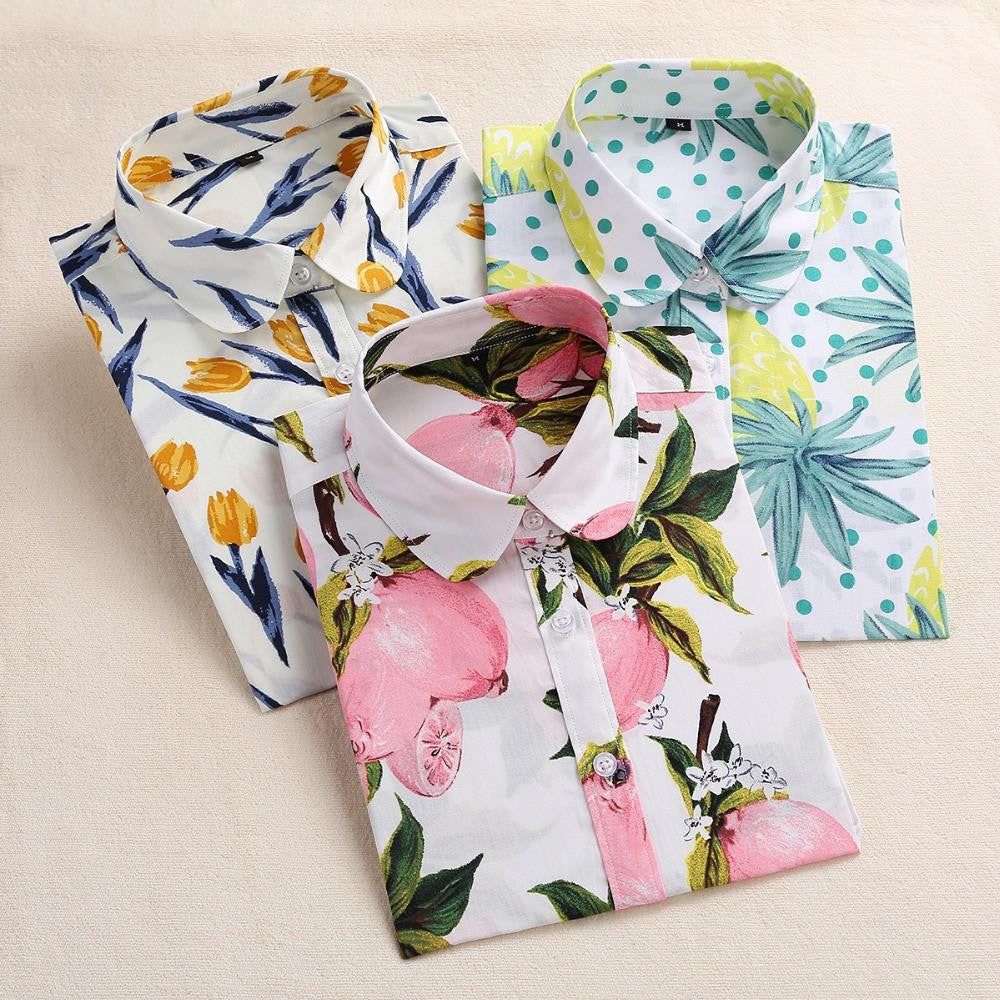 Women Blouses Fruit Print Shirts Long Sleeve Women Shirt Turn Down Collar Bohemia Casual Blouse