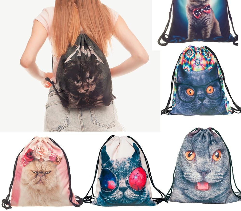 Storage Bag 3D Cat Printed Fashion Women Drawstring Shopping Bag 30*39cm/11.8*15.4'' 1PCS/Lot